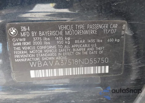 2008 BMW 328I из США, поврежденный, VIN WBAVA37518ND55750